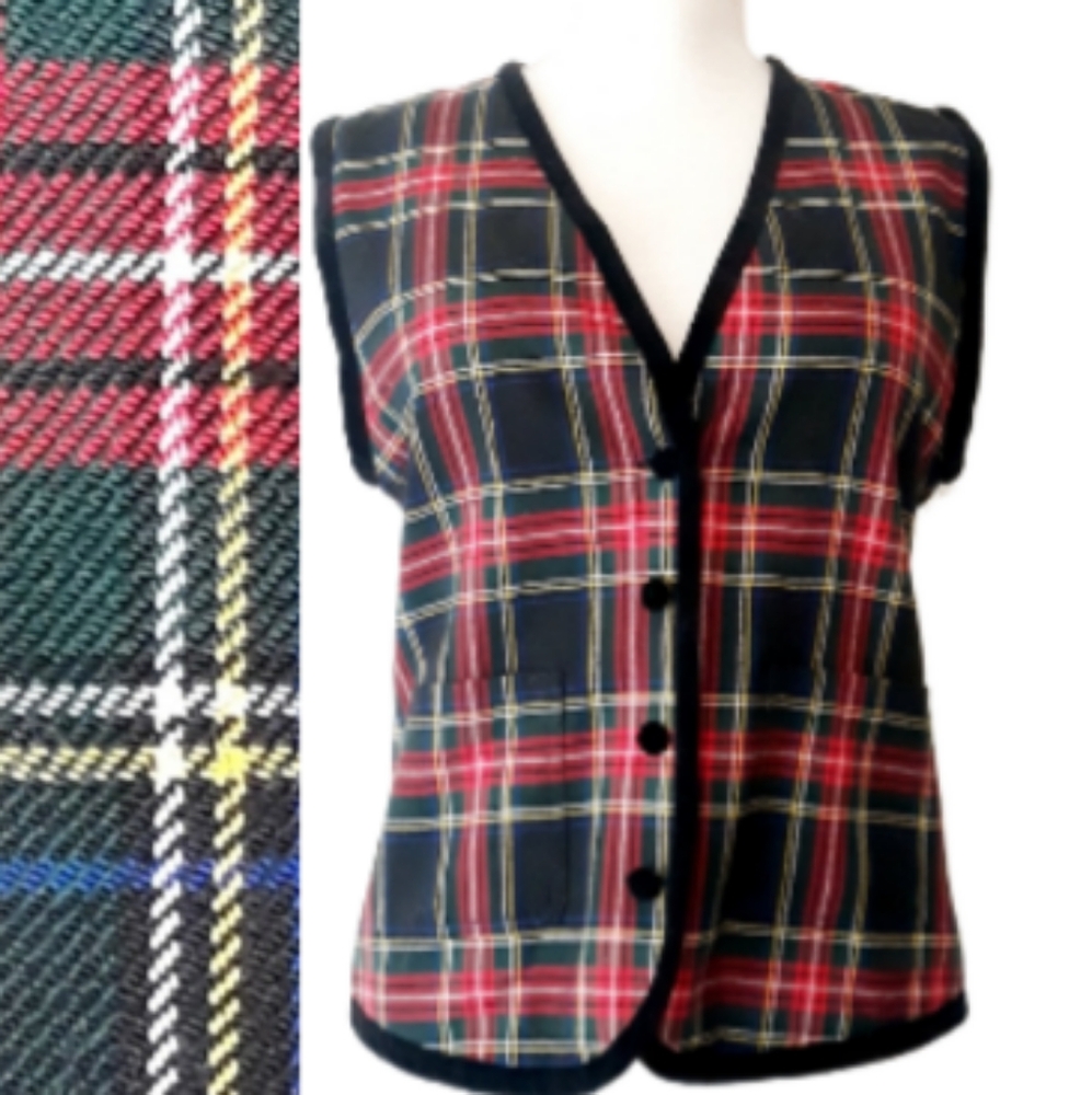 Vintage Talbots Red Plaid Vest with Black Velvet Trim - Size Small Plaid Vest